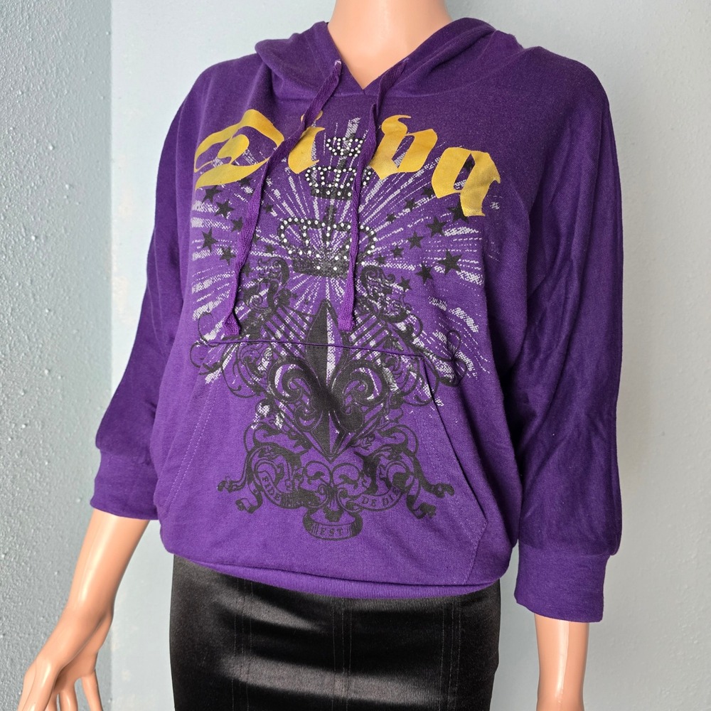 Like An Angel Diva Rhinestone Crown Purple Hoodie Y2K McBling 3/4 Sleeve L NEW
